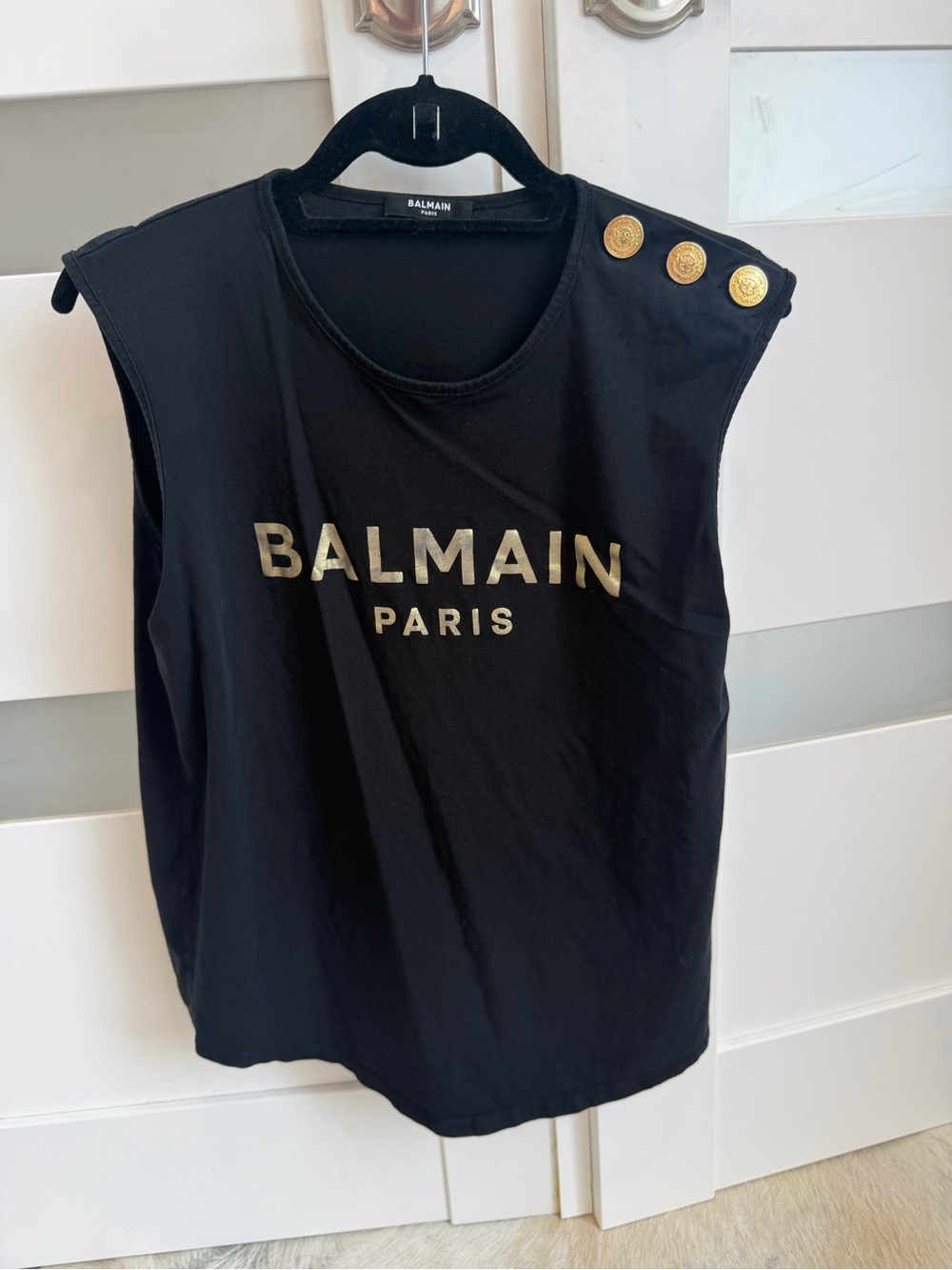 Balmain Black Tank with Gold Logo and Button Accents 100% Authentic M